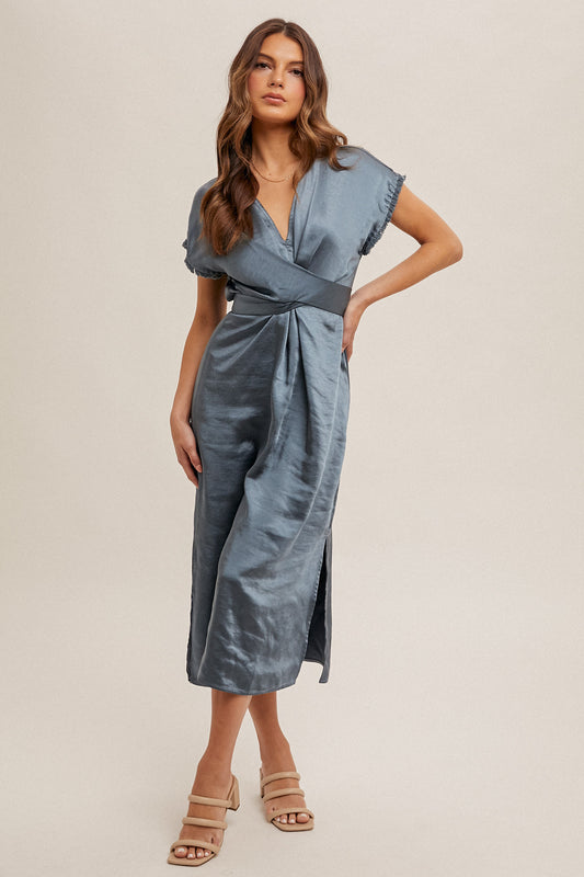 Hem & Thread V-Neck Satin Wrap Midi Dress