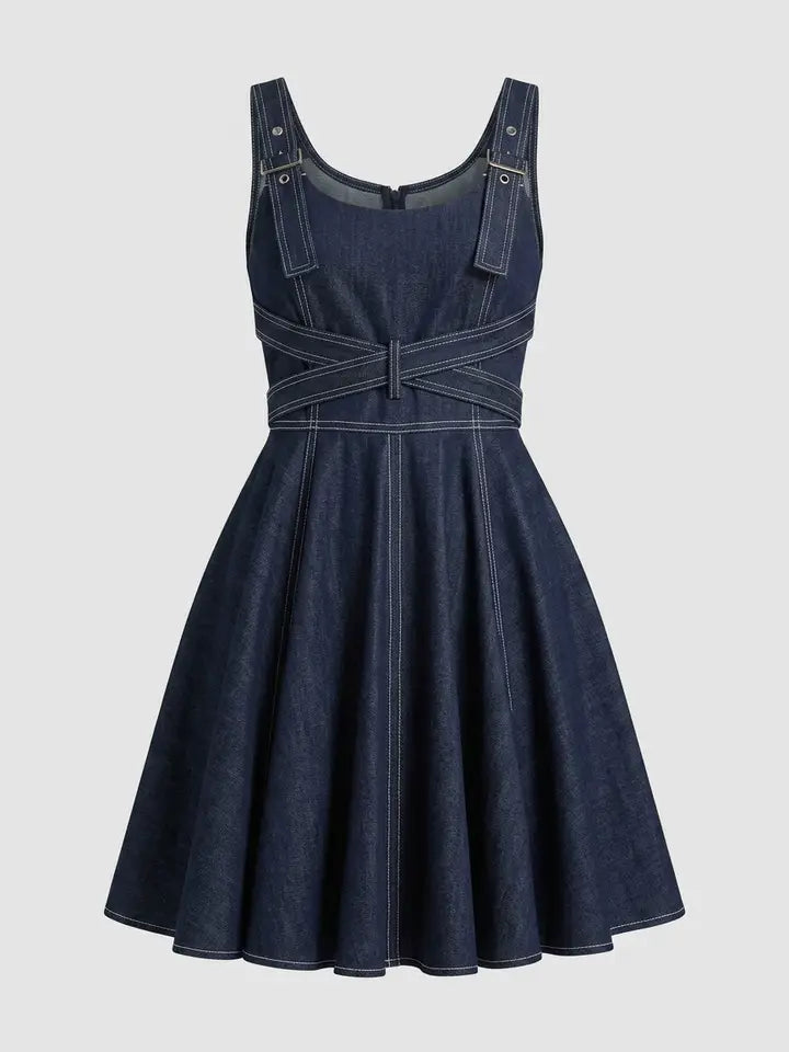 Boho Brown Daring Denim Flared Mini Dress
