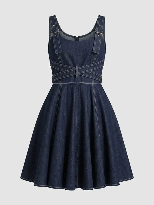 Boho Brown Daring Denim Flared Mini Dress